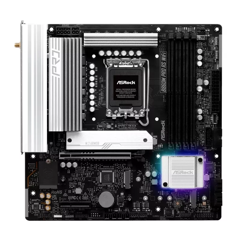 Motininė plokštė ASRock B860M Pro RS WiFi — Intel B860, LGA 1851, micro ATX, DDR5, 4 lizdai, 3x M.2, 2,5Gb LAN, Wi‑Fi, Bluetooth