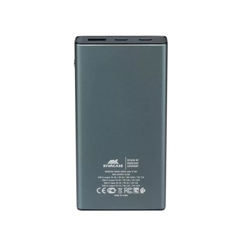 Power bank Rivacase VA1021 10000 mAh, dvi USB išvestys, LED indikatoriai, kompaktiškas nešiojamas įkroviklis
