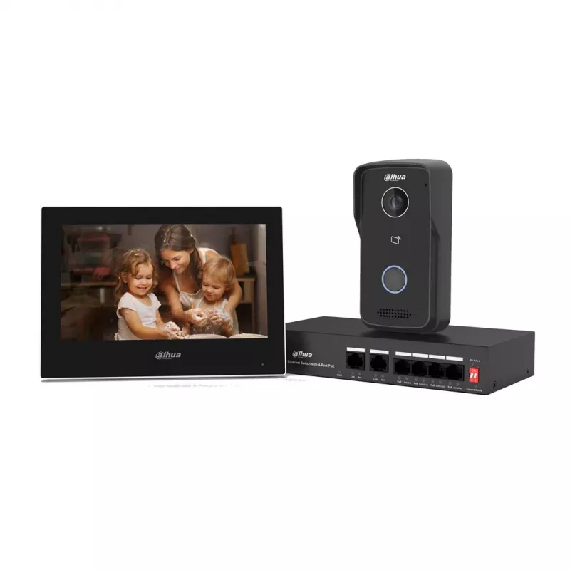 Durų skambučio komplektas DAHUA KTP03 su 7 colių monitoriumi, 2 laidų jungtimi, PoE, 1024x600, 2 MP kamera