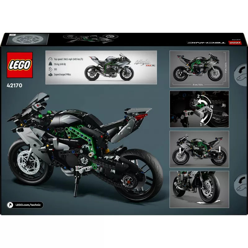 LEGO Technic motociklo modelis Kawasaki Ninja H2R 42170 — 1:1 mastelio replika, 643 detalės, instrukcijų lapas, nuo 10 metų