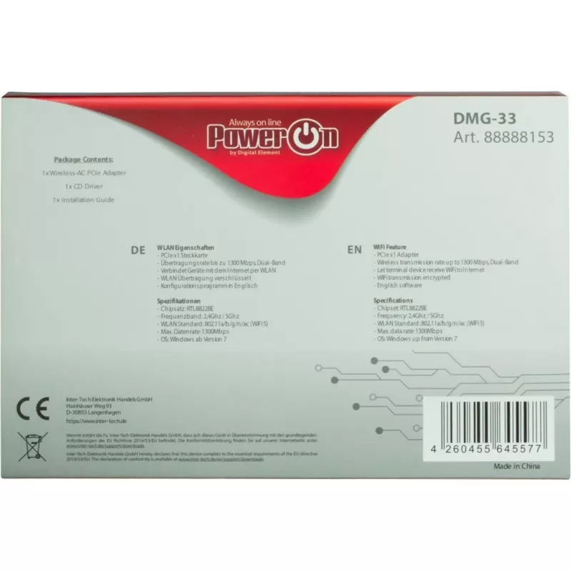 Vidinė belaidžio tinklo kortelė Inter-Tech DMG-33 1300 Mbit/s