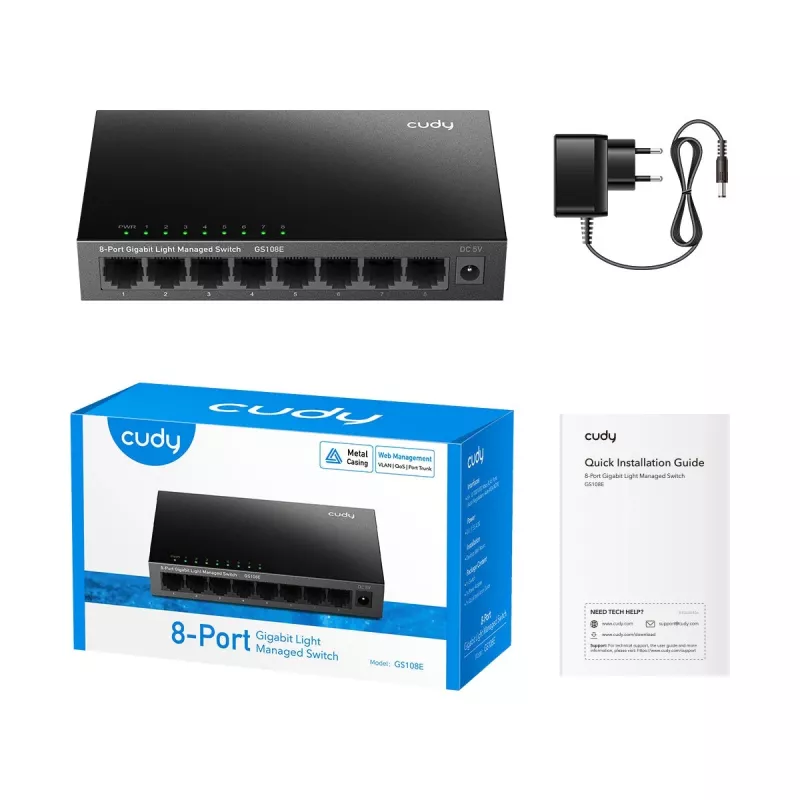 Valdomas jungiklis Cudy GS108E 8 prievadų Gigabit Ethernet, 8x 10/100/1000 Mbps, metalinis korpusas, 16 Gbps perjungimas, IGMP ir DHCP snooping