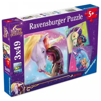 Dėlionė Ravensburger Unicorn Academy – 3 x 49 dalių, rinkinys vaikams