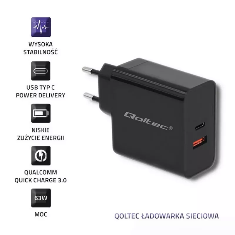 Maitinimo adapteris QOLTEC 51716 – 20V 3A (63W), juodas, universalus kroviklis