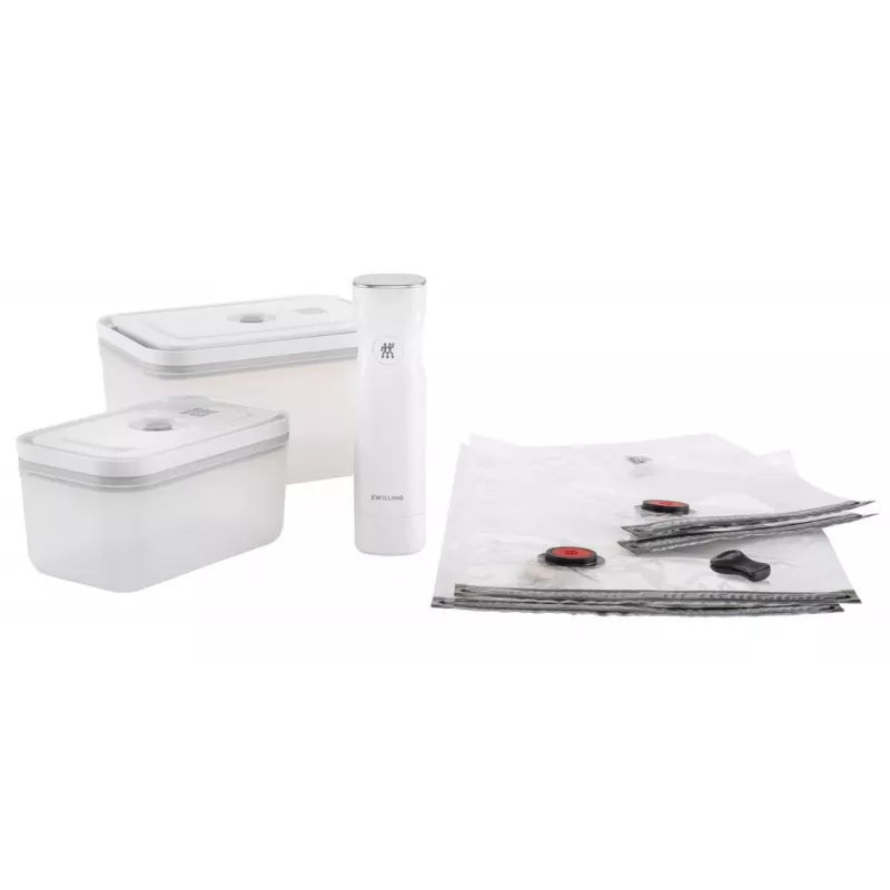 Vakuuminis indas ZWILLING 36807-007-0, plastikinis stačiakampis maisto indas, 1,1 l ir 2,3 l, sandariai užsidarantis dangtelis, išimamas, permatomas baltas