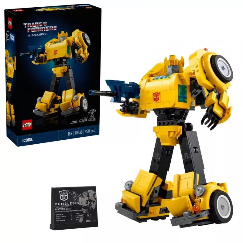 LEGO Icons Transformers Bumblebee veiksmo figūrėlės konstravimo rinkinys – kolekcinis robotų modelis suaugusiems, transformuojamas į transporto priemonę, dovana vyrams