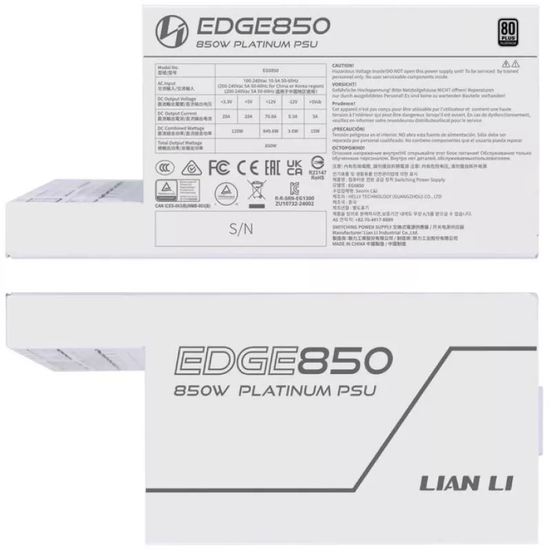 Maitinimo blokas Lian Li EG0850 850 W SFX, 20 kontaktų ATX, 80 PLUS Gold, Baltas