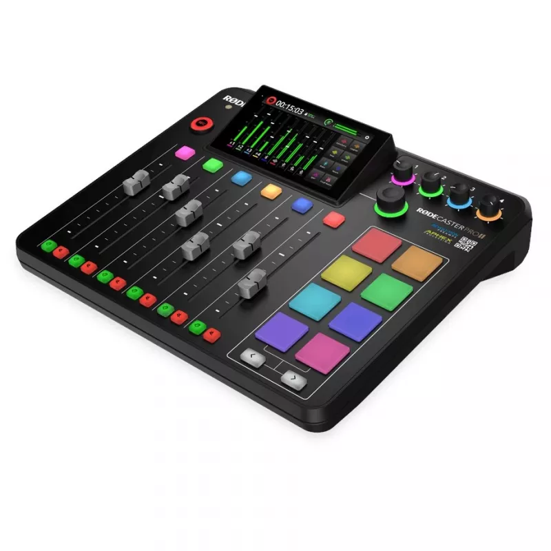 Studijos valdiklis RØDE Caster Pro II juodas – 4 XLR/TRS kombinuotos jungtys, 4 ausinių išėjimai, 8 pagalvėlės, jutiklinis ekranas, Wi‑Fi, Bluetooth, USB‑C