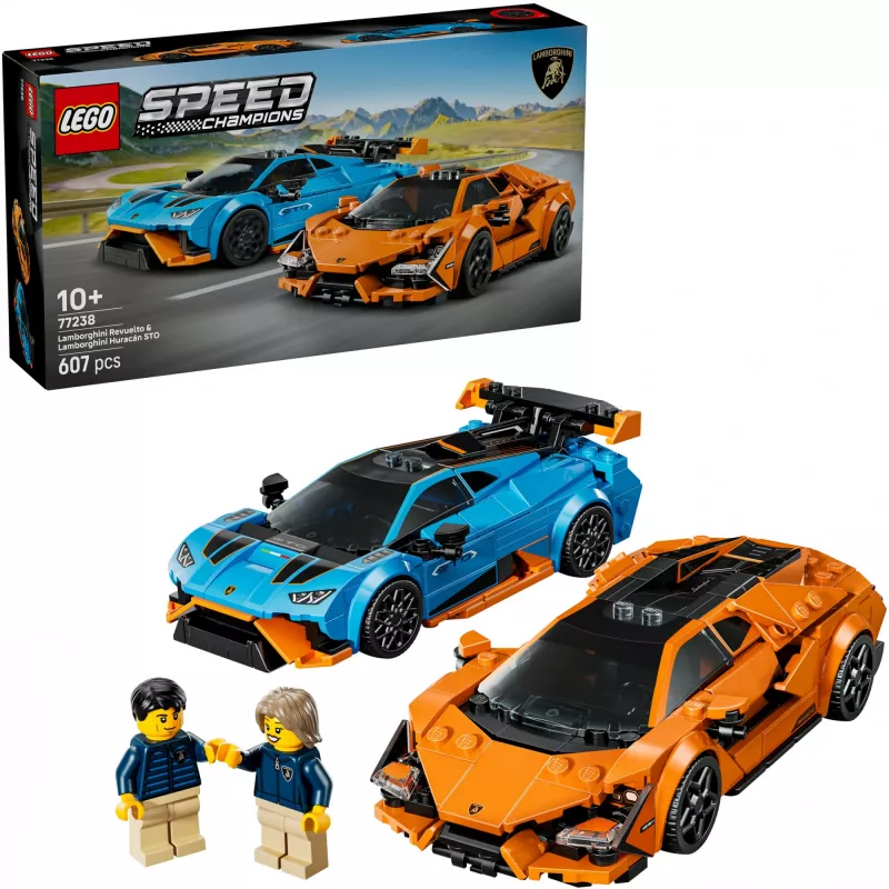 LEGO Speed Champions rinkinys 77238 — Lamborghini Revuelto ir Huracán STO, 607 dalių, 2 minifigūrėlės, rekomenduojama nuo 10 metų