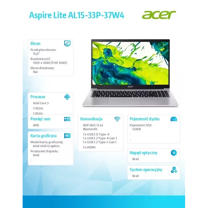 Nešiojamas kompiuteris Acer Aspire Lite Core i3 N355, 15,6 colio ekranas, 8GB RAM, 512GB SSD, be OS