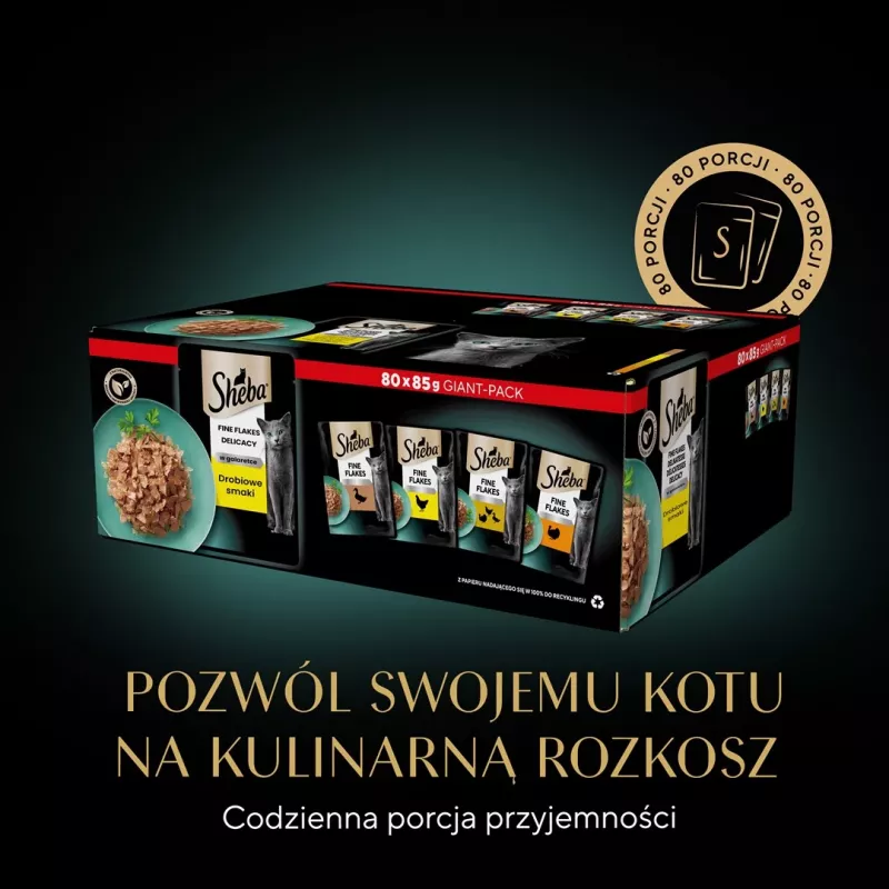Šlapias kačių ėdalas Sheba Chicken Duck Turkey 85 g pakelis (80 × 85 g) suaugusioms katėms, drėgnumas 86 %
