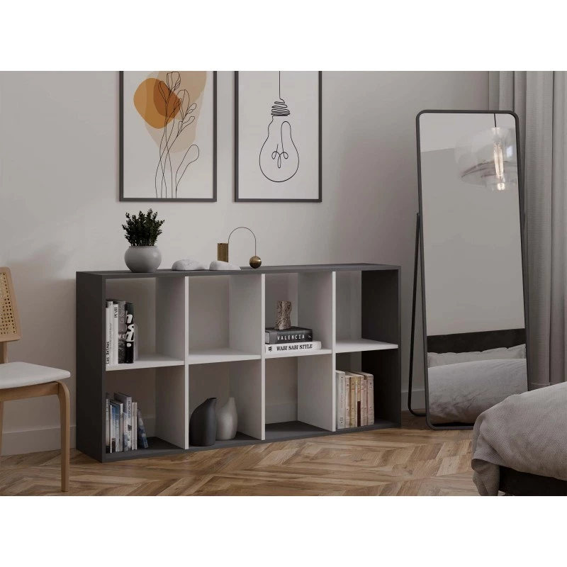 Lentynų blokas MALAX 2x4, medžio drožlių plokštė, antracito rėmas, baltos lentynos, 1470×750×300 mm