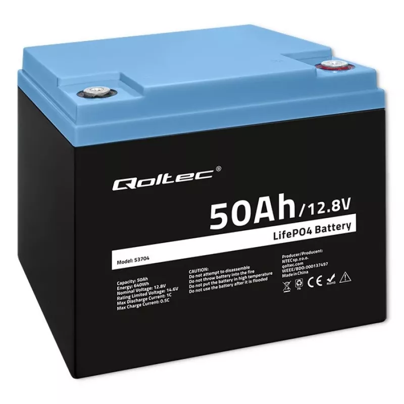 LiFePO4 akumuliatorius QOLTEC 12.8V 50Ah (53704) – atsarginiam maitinimui ir energijos kaupimui