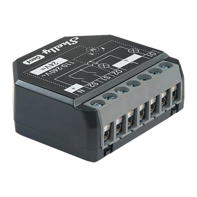 Shelly 2PM Gen4 žaliuzių ir roletų valdiklis 2 kanalai, AC 110–240V, 2.4 GHz Wi‑Fi, 1.4 W, 8000 KB flash