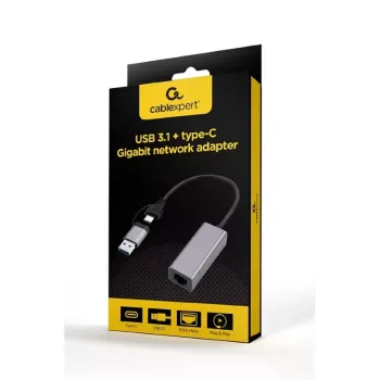 USB 3.1 Type-C Gigabit tinklo adapteris Gembird A-USB3AC-LAN-01 – 1× RJ-45, 1000 Mbps, USB 3.2 Gen 1, metalinis korpusas, pilka