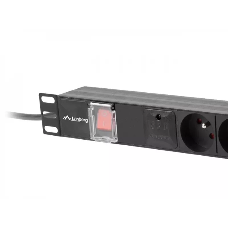 Maitinimo skirstytuvas LANBERG PDU-06E-0200-BK — 6x E tipo lizdai, 16 A, 2 m laidas, 1U stovas, 220–250 V