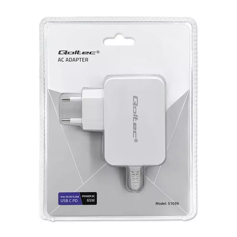 Qoltec 51039 65 W USB-C PD maitinimo adapteris, 5–20,3 V, 2–3,25 A, integruotas USB-C laidas, baltas