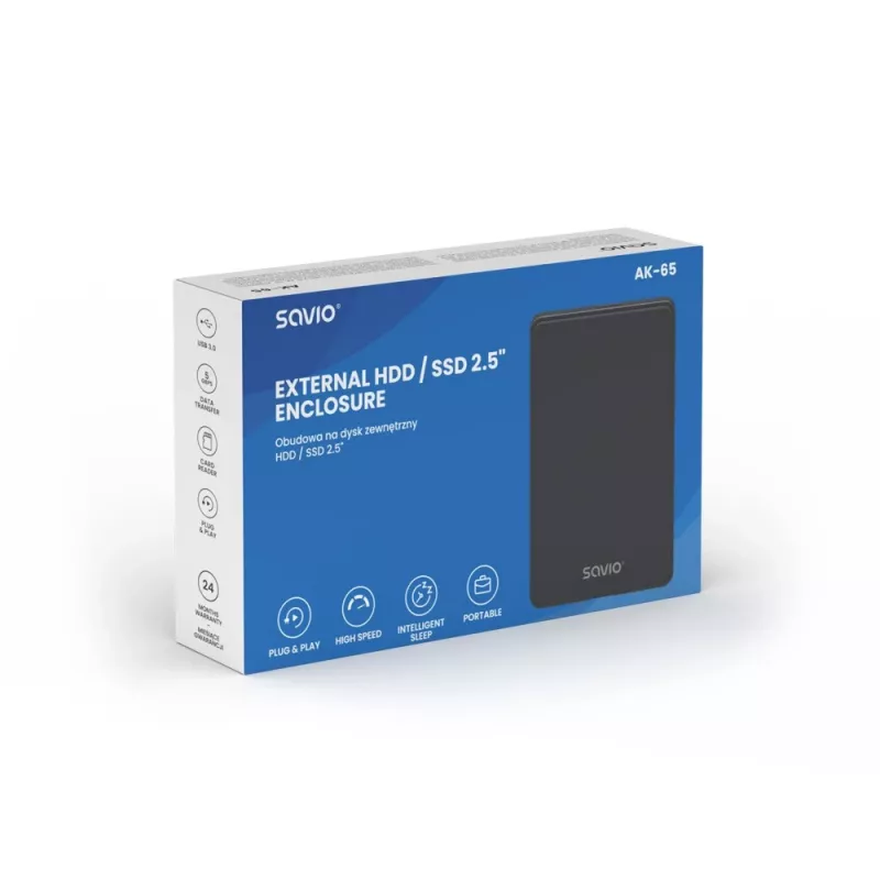Išorinis HDD/SSD dėklas SAVIO AK-65 Juodas 2,5 colio SATA USB 3.0 5 Gbit/s Micro-USB