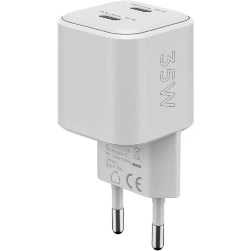 USB-C dvigubas greitas įkroviklis Nano, PD, GaN, 35 W (baltas, 2x USB-C, Power Delivery 3.0)