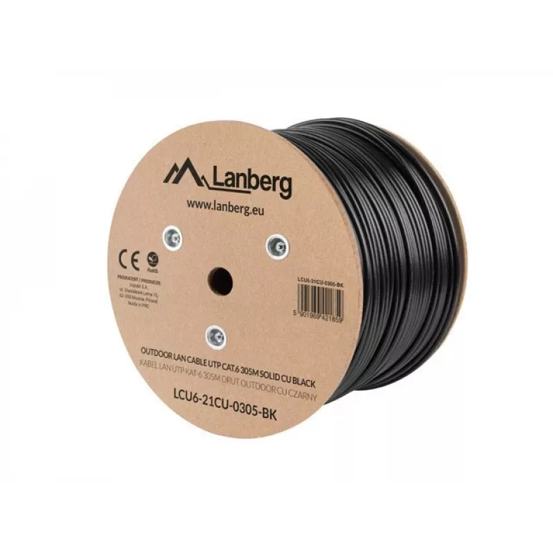Lanberg LCU6-21CU-0305-BK tinklo laidas, juodas, 305 m, Cat6 U/UTP (UTP), lauko