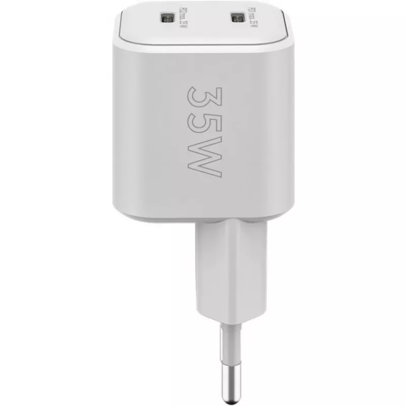 USB-C dvigubas greitas įkroviklis Nano, PD, GaN, 35 W (baltas, 2x USB-C, Power Delivery 3.0)