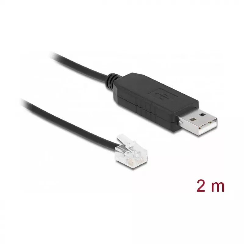 Adapterinis kabelis DeLOCK USB Type-A į serijinį RS-232 RJ12 su ESD apsauga, 2 m, juodas
