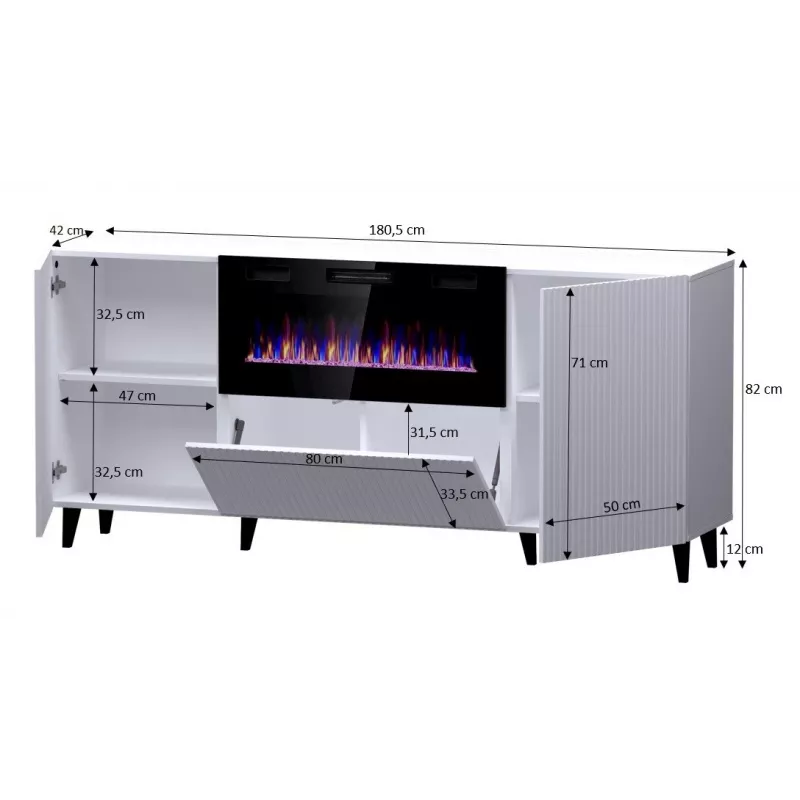 Komoda su elektriniu židiniu Cama Meble PAFOS 180x42x82 cm matinė juoda, 3 durys, 2 lentynos, 1400–1600 W