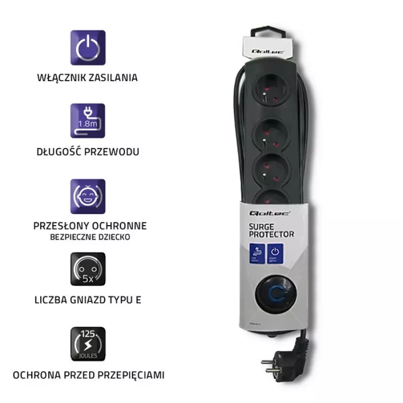 Apsauginis įtampos filtras Qoltec 50269 juodas 5 kištukiniai lizdai 230 V