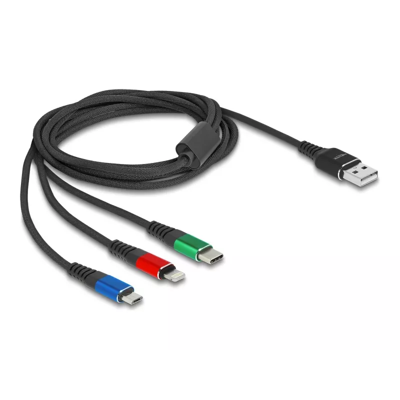 DeLOCK 90156 USB įkrovimo kabelis 3-in-1, Type-A į Lightning / Micro USB / USB Type-C, 2 m, daugiaspalvis
