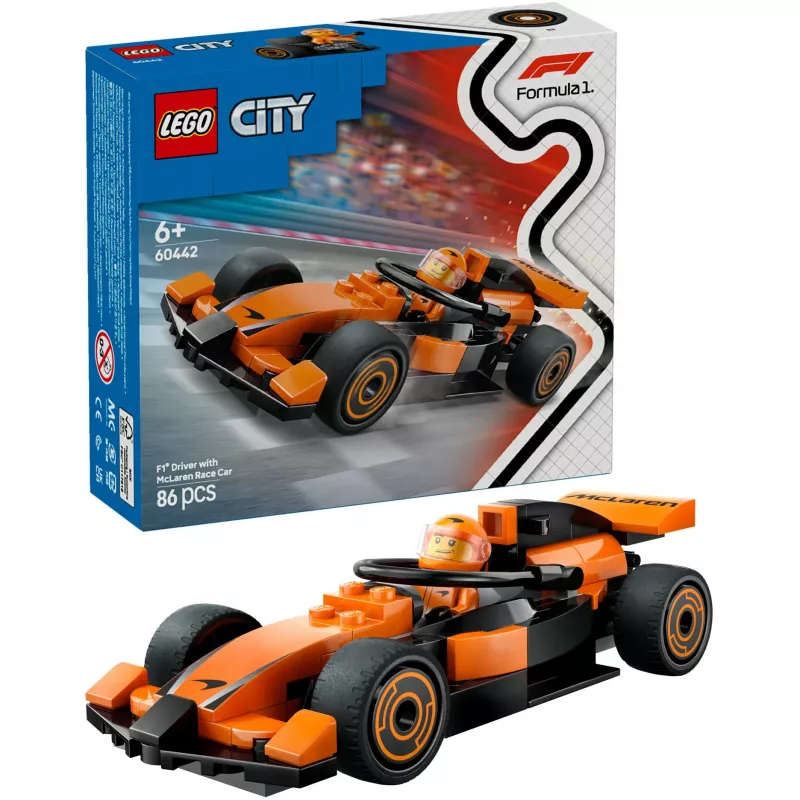 LEGO City F1 Racer McLaren lenktyninis automobilis 60442 – statybos rinkinys, 86 dalys, 1 minifigūrėlė, nuo 6 metų