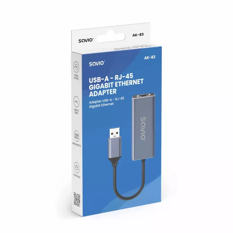 Tinklo adapteris SAVIO AK-83 USB-A į RJ-45, 5 Gbit/s, juodas