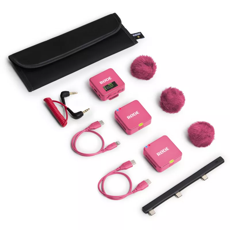 Belaidis mikrofonas RODE Wireless GO III Pink — kompaktiška dviejų kanalų siųstuvų ir imtuvo sistema