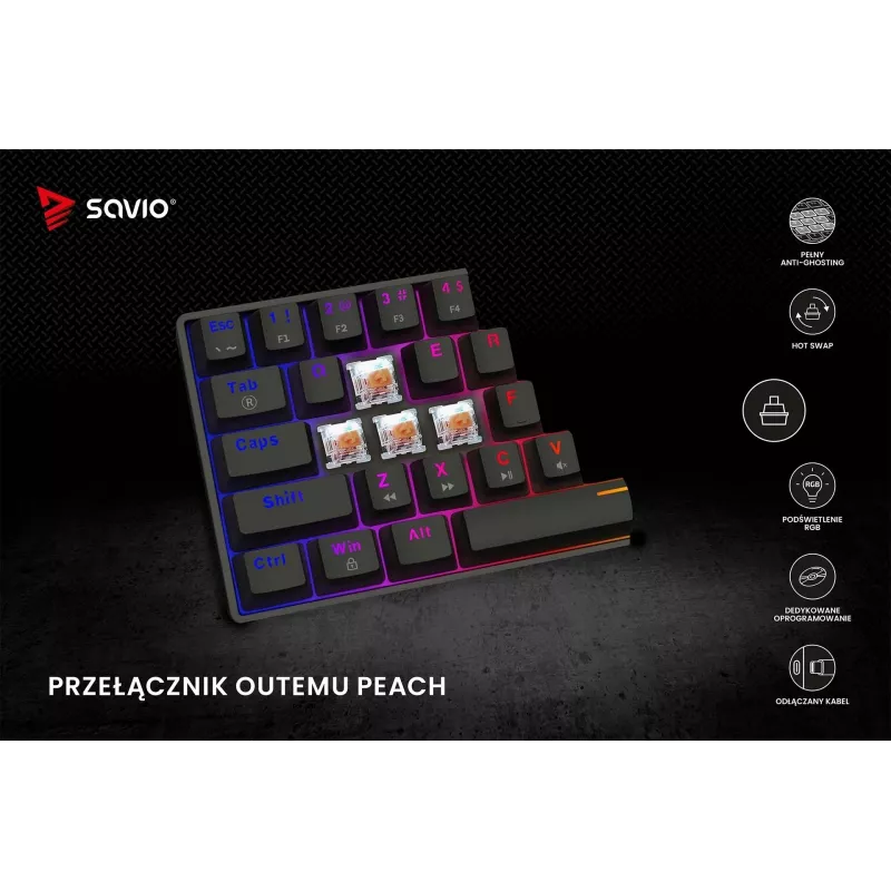 Mechaninė žaidimų klaviatūra SAVIO BLACKOUT X2 PEACH — 61 klavišas 60% QWERTY, RGB LED, hot-swap, USB Type-A/Type-C, atjungiamas laidas