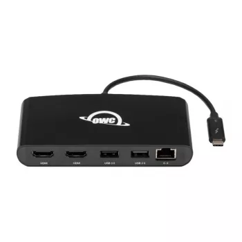 OWC Thunderbolt 3 Mini docking stotelė, 5 prievadai, jungia du 4K monitorius, Gigabit Ethernet jungtis, integruotas laidas