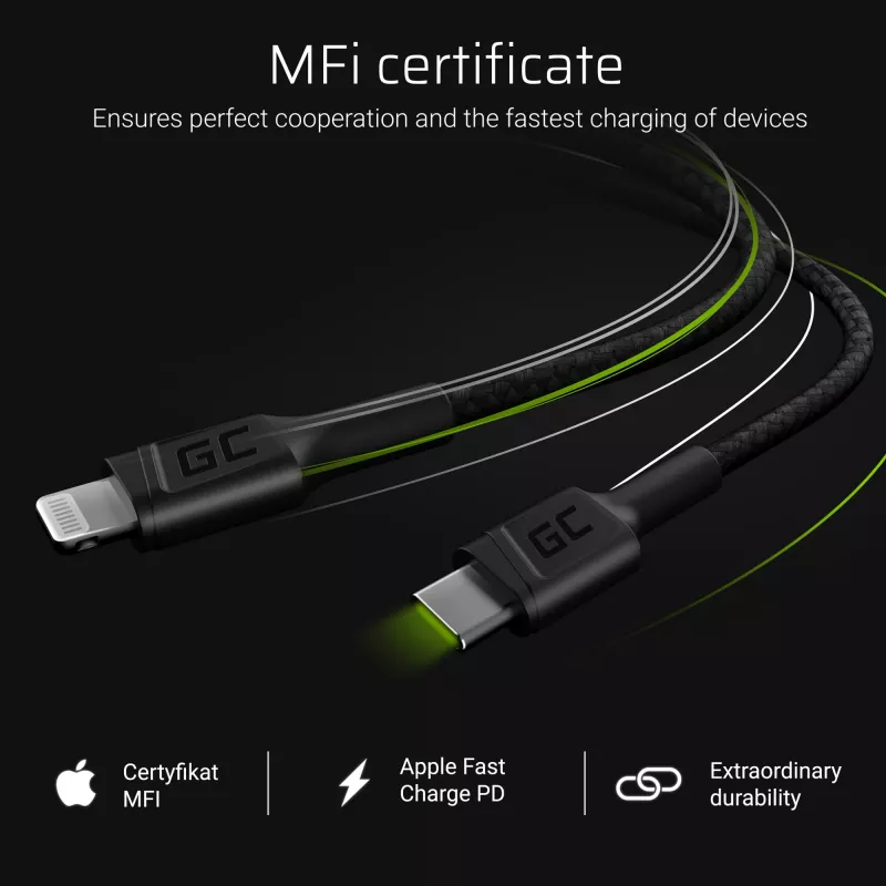 Laidas Lightning – USB‑C Green Cell KABGC07, 1 m, juodas, Lightning (vyriškas) – USB‑C (vyriškas), 480 Mbps