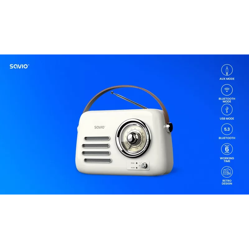 Nešiojamas radijo imtuvas SAVIO RS-02 – analoginis FM imtuvas, Bluetooth 5.3, USB maitinimas, 3 W, baltas