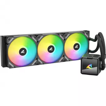 Skystas CPU aušintuvas Sharkoon S60 ARGB — 360 mm radiatorius, 3×120 mm PWM ventiliatoriai, juoda