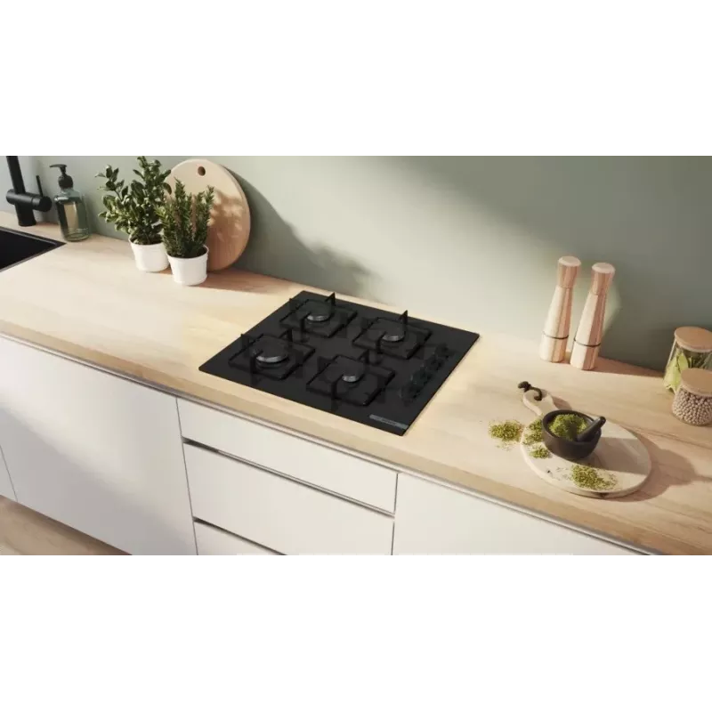 Įmontuojama dujinė kaitlentė Bosch Serie 2 POP6B6K30 60 cm, 4 dujinės zonos, juodas grūdintas stiklas, sukamosios rankenėlės