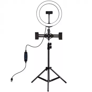 LED žiedinė šviesa 26 cm su trikoju stovu iki 1,1 m ir 3 laikikliais telefonams, USB