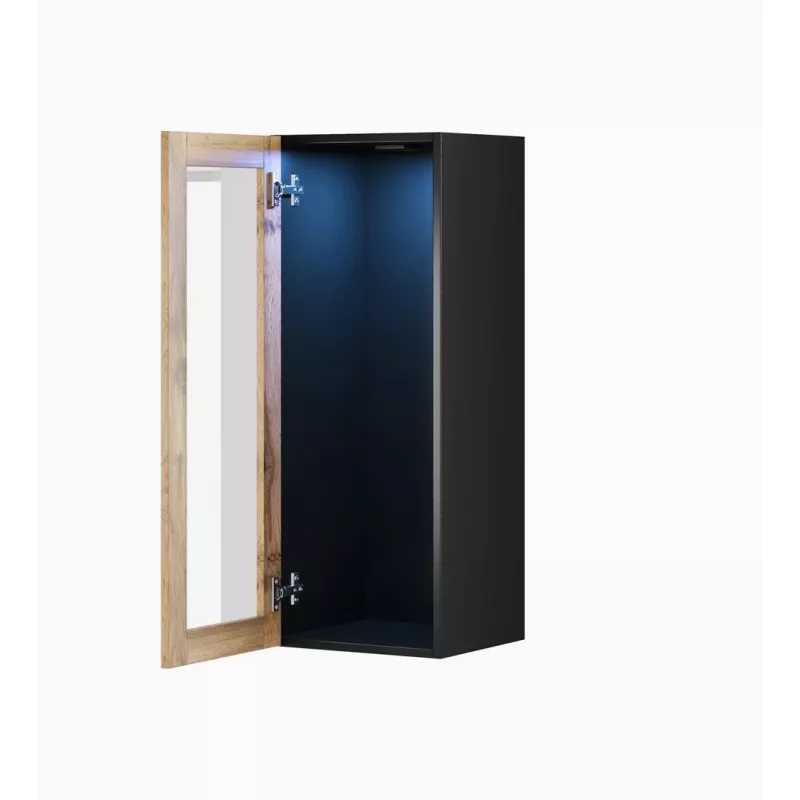 Vitrinos spintelė Cama Meble VIGO 90 stiklinė, sieninė, 90×35×32 cm, juoda/Wotan ąžuolas