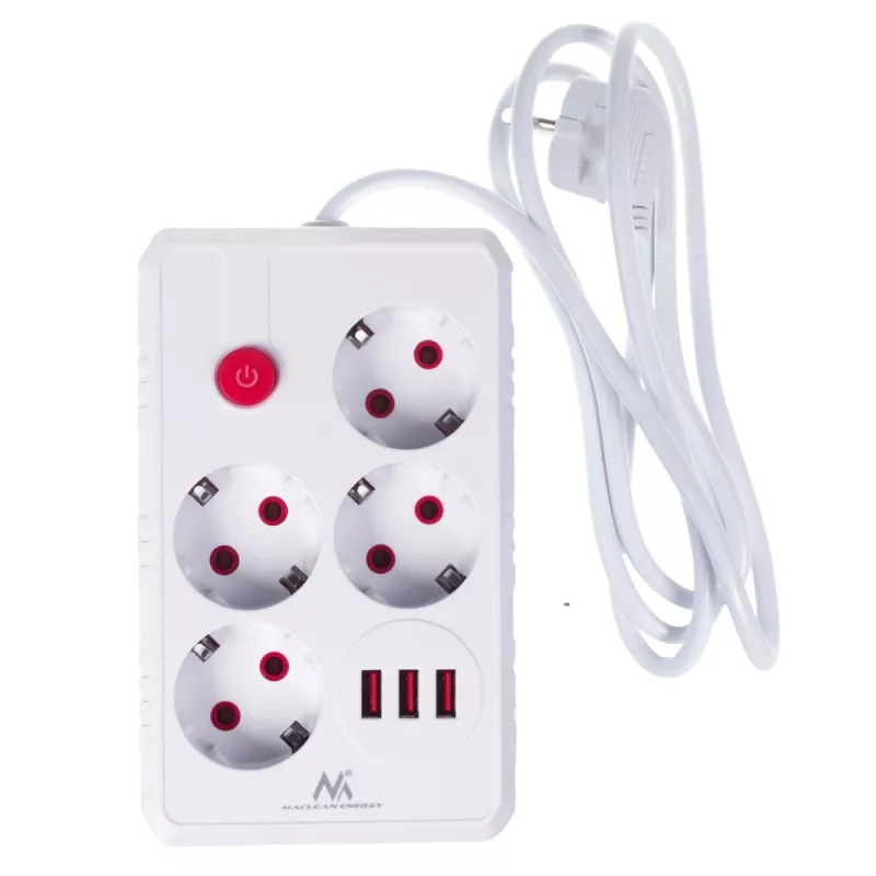 Ilgintuvas MACLEAN MCE392 W – 4 kištukiniai lizdai, 3×USB-A, 110–240V, 2.1A, 2500W, 1,5 m laidas, baltas