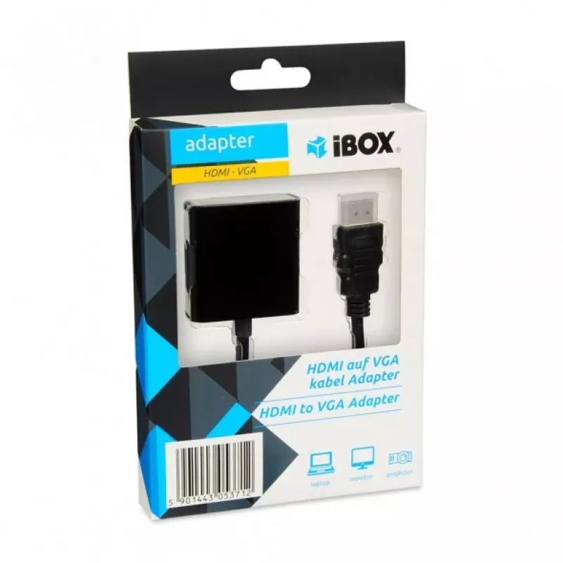 Kabelio adapteris IBOX HDMI A tipas (vyras) į VGA D-Sub (moteris), 1080p, juodas, 105×25×20 mm