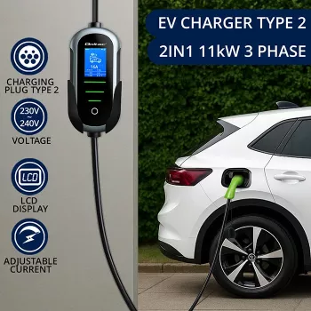 Nešiojamas elektromobilio kroviklis QOLTEC Mobile EV 2in1 Type2 11 kW 400 V Wi‑Fi TUYA SMART LIFE LCD sieninis 5 m kabelis