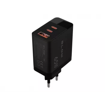 LCD sieninis įkroviklis su USB lizdu + 2x USB-C PD 65W GAN juodas vatmetras