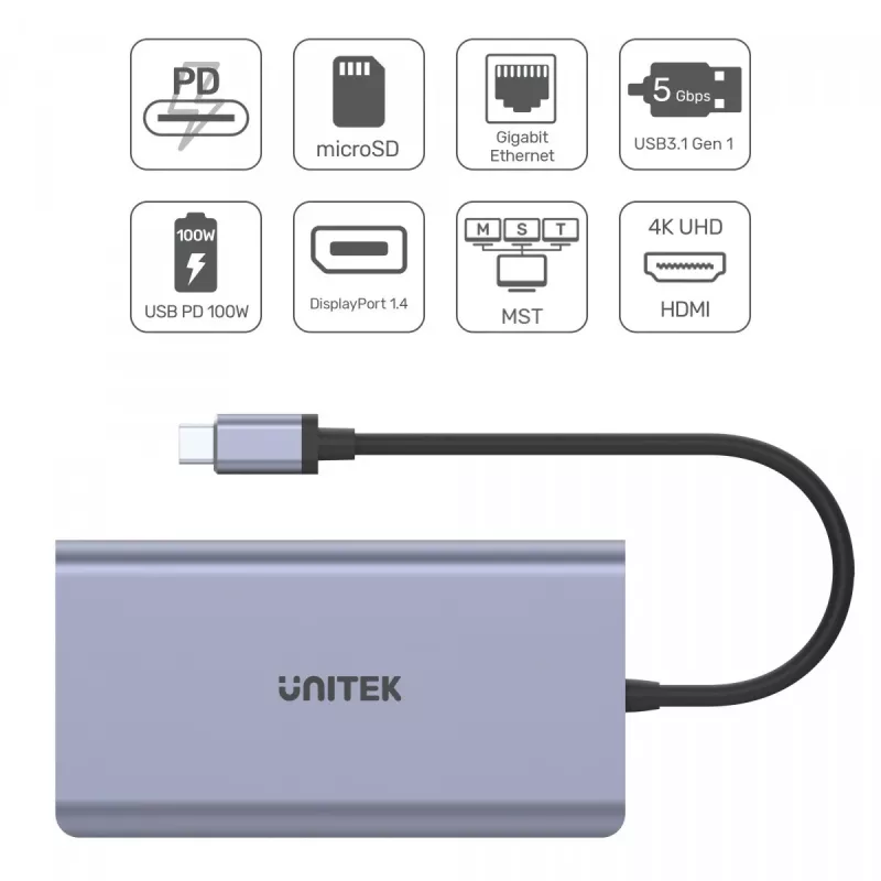 USB-C stotelė UNITEK uHUB S7 pilka