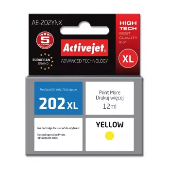 Kasetė ActiveJet AE-202YNX geltona, suderinama su Epson 202XL, 12 ml dažų, didelės talpos (XL), vienetinis pakavimas