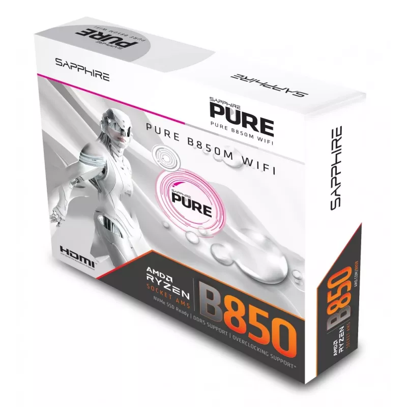Pagrindinė plokštė Sapphire PURE B850M WIFI Micro ATX — AMD B850, Socket AM5, DDR5 iki 8000 MHz, 4 DIMM, Wi‑Fi 6, 2.5Gb LAN, 2× M.2, PCIe 5.0 x16