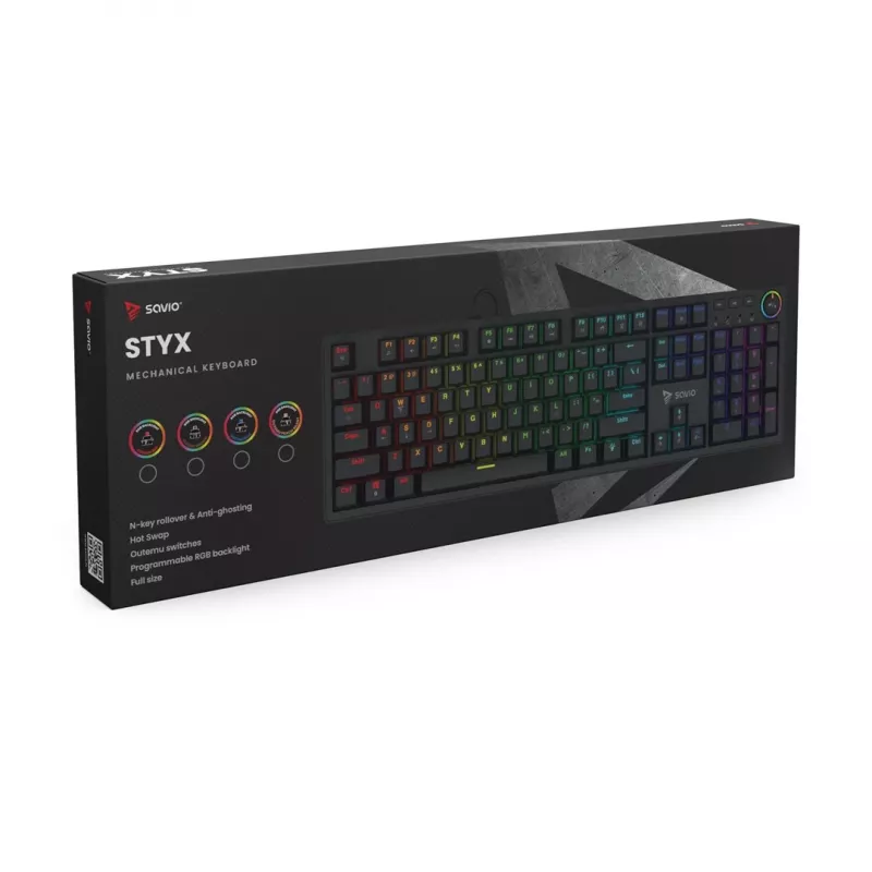 Žaidimų klaviatūra SAVIO STYX BROWN – mechaninė su Outemu Brown jungikliais, QZERTY US International, RGB, USB, pilno dydžio 104 klavišai, juoda
