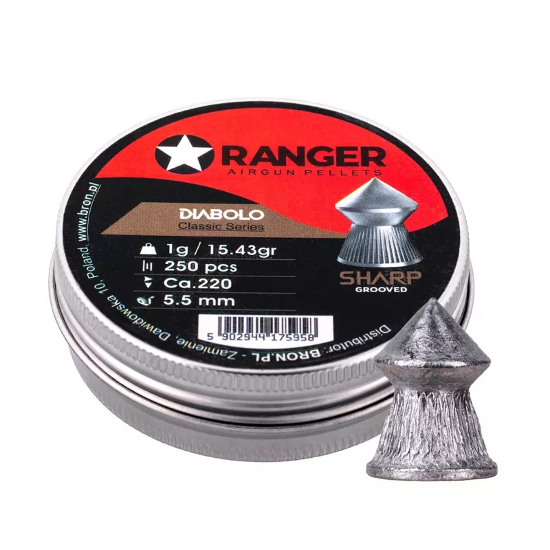 5.5 mm RANGER Diabolo Professional Sharp Grooved Point 250 šratų dėžutė