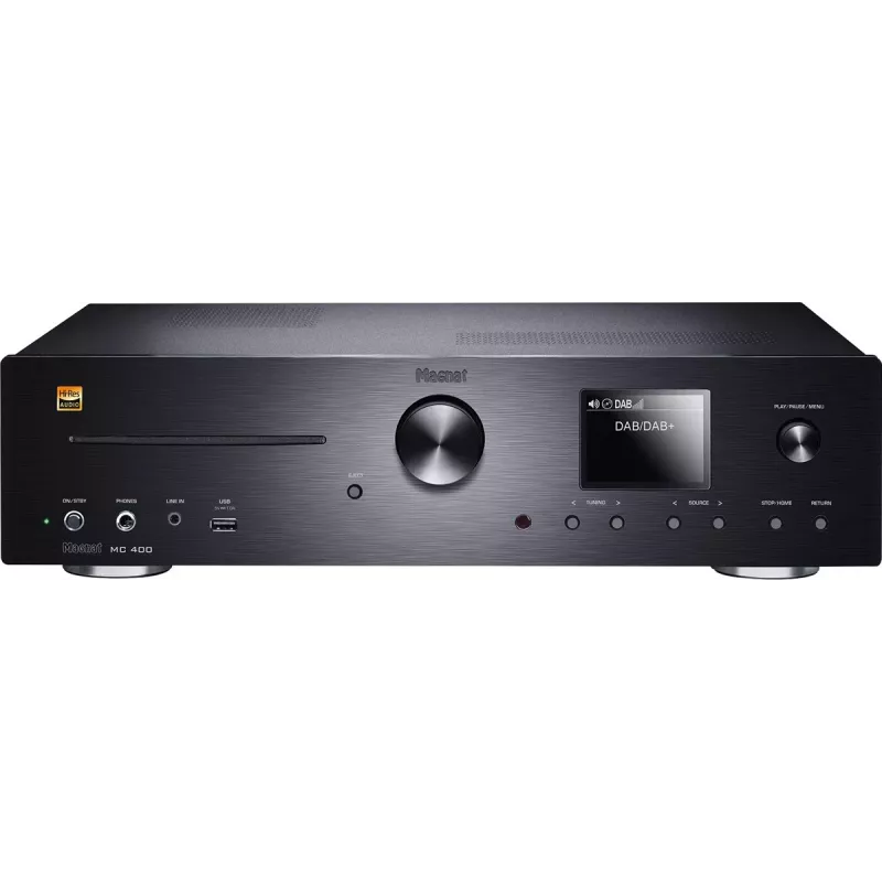 Stereo imtuvas Magnat MC 400 — 2.0 kanalų, 40 W vienam kanalui, CD grotuvas, Wi‑Fi, Bluetooth, DAB/FM, Ethernet (juodas)
